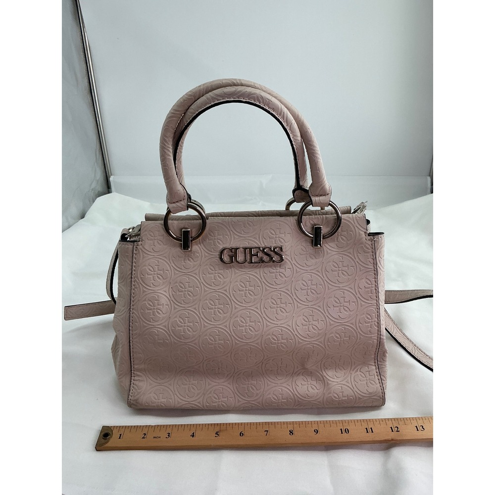 Guess Blush Pink Embossed Logo Satchel Crossbody Handbag Silver Hardware